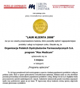 Złoty Laur Klienta 2008 w kategorii "Programy Apteczne" (2009r.)