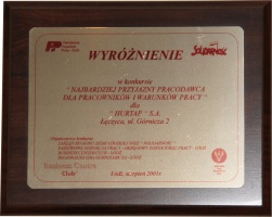 Wyróżnienie w konkursie na "Najbardziej przyjaznego pracodawcę dla pracowników i warunków pracy" (2001)