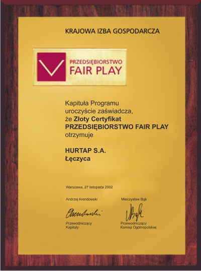 Złoty Certyfikat Fair Play 2002